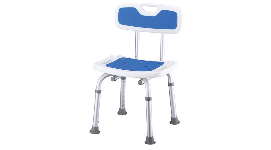 Tusolószék háttámlával, állítható magasságú csúszásmentes felülettel és lábakkal, kék, Prim